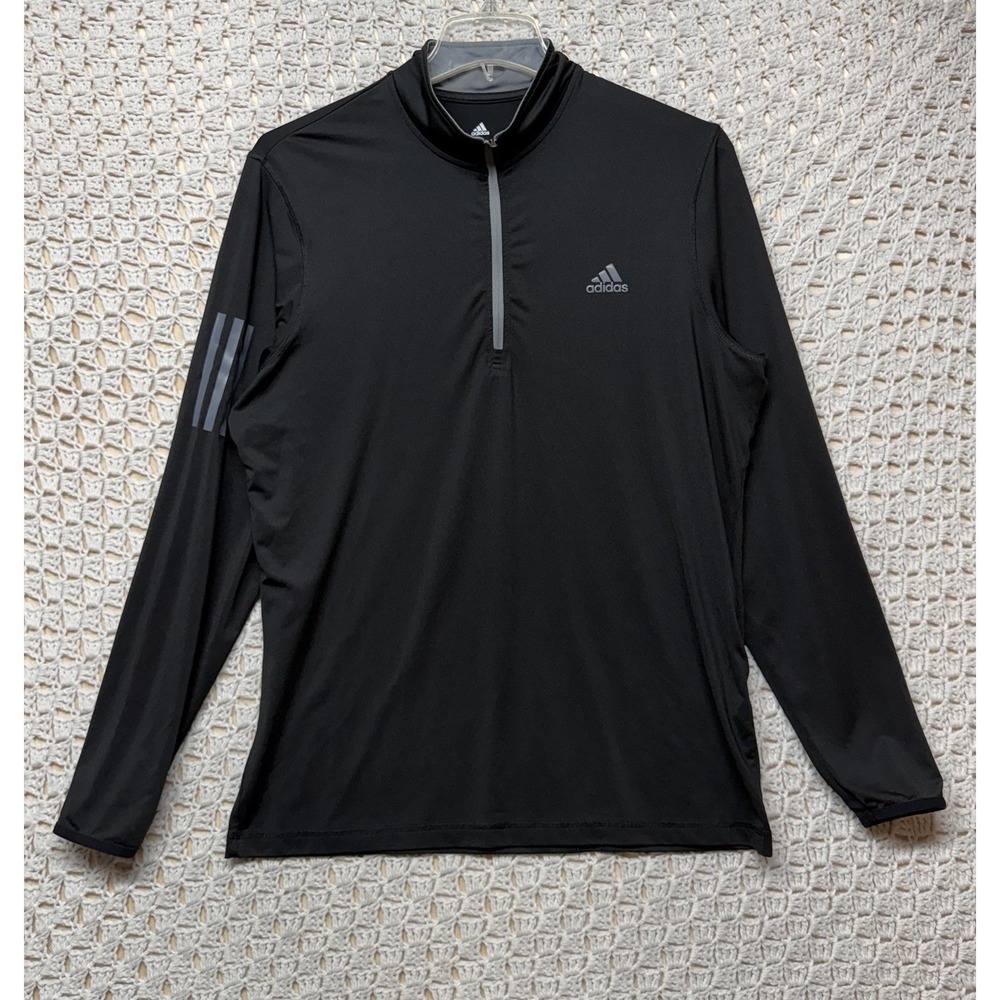 Adidas Golf Shirt Mens Sz L Black Performance 1/4 Zip Stripes Long Sleeve